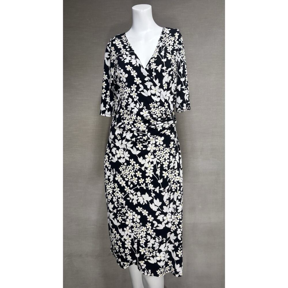Glamour Womens Floral‎ Faux Wrap Midi Dress Size 8 Black White Boho Feminine